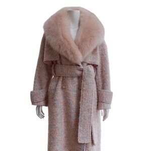 Women's Slim-Fit Wool Overcoat with Detachable Fur Collar – Belted, Long Sleeve